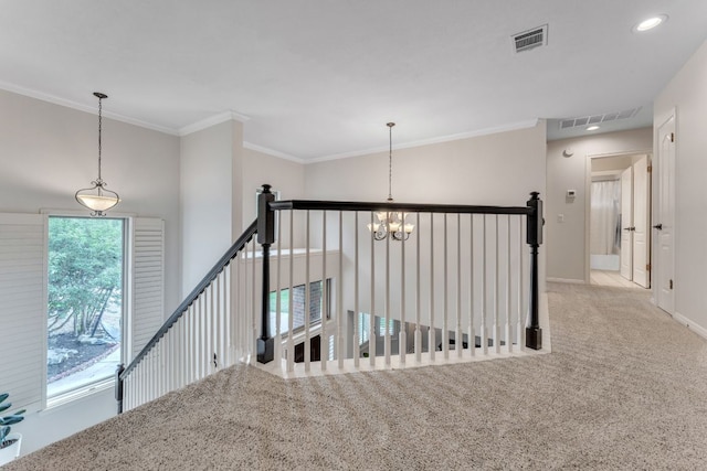 10636 Bramblecrest Dr, Austin, TX 78726 - corridor with an upstairs landing, a chandelier, carpet, ornamental molding, and baseboards