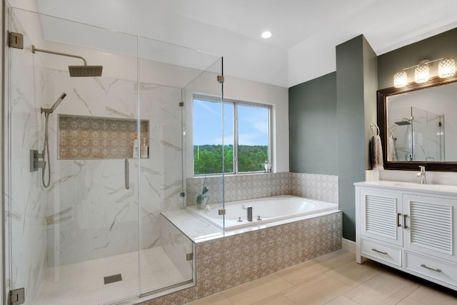 10636 Bramblecrest Dr, Austin, TX 78726 - full bathroom featuring a marble finish shower, a garden tub, and vanity