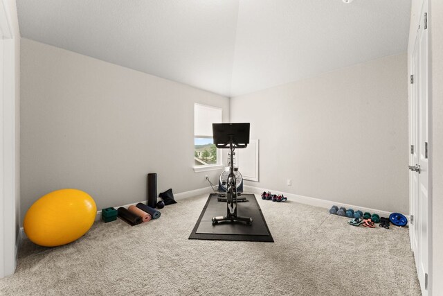 workout area with baseboards, vaulted ceiling, and carpet