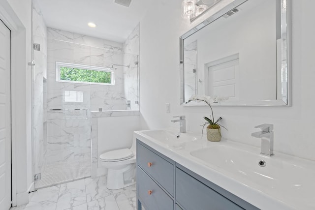 402 W 55th St Unit 2, Austin, TX 78751 - full bath featuring toilet, marble look tile flooring, double vanity, a marble finish shower, and recessed lighting