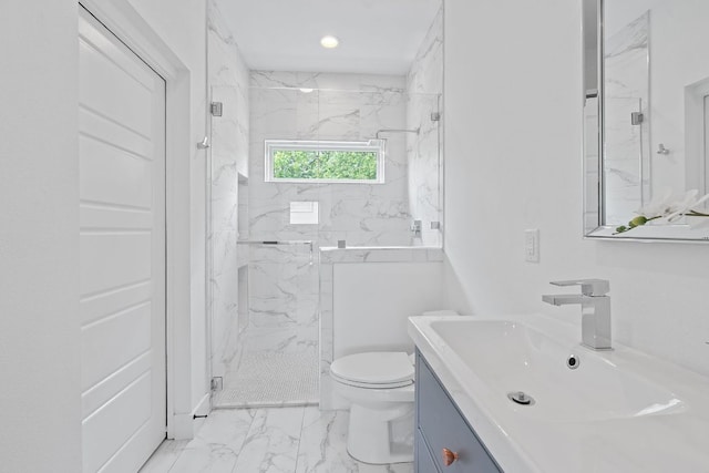 402 W 55th St Unit 2, Austin, TX 78751 - full bath with marble finish flooring, vanity, a marble finish shower, toilet, and recessed lighting