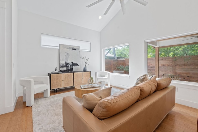 402 W 55th St Unit 2, Austin, TX 78751 - living area with a ceiling fan, high vaulted ceiling, light wood-style floors, and recessed lighting