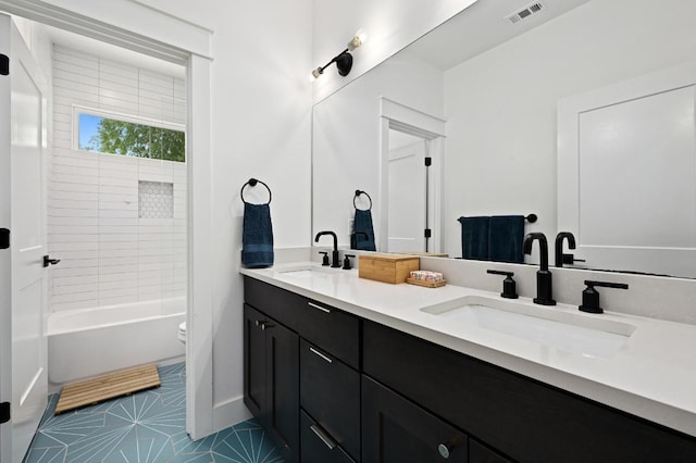 bathroom featuring a sink, toilet, double vanity, and visible vents