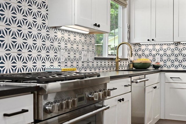 kitchen featuring a sink, backsplash, stainless steel range, and white cabinets