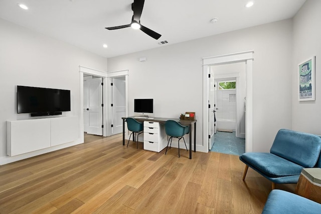 office with ceiling fan, visible vents, baseboards, light wood finished floors, and recessed lighting