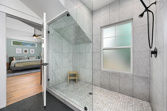 1815 Cullen Ave Unit 1, Austin, TX 78757 - bathroom with ensuite bath, tile patterned floors, a walk in shower, ceiling fan, and lofted ceiling
