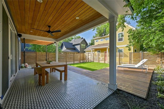 1815 Cullen Ave Unit 1, Austin, TX 78757 - view of patio / terrace featuring a fenced backyard, a wooden deck, a ceiling fan, and outdoor dining space