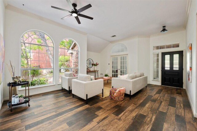 living area featuring french doors, a ceiling fan, baseboards, dark wood-type flooring, and visible vents