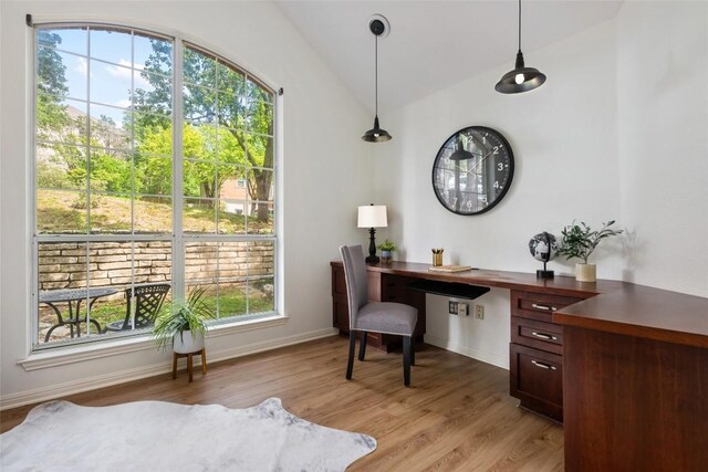 office featuring light wood-style floors, a healthy amount of sunlight, and vaulted ceiling