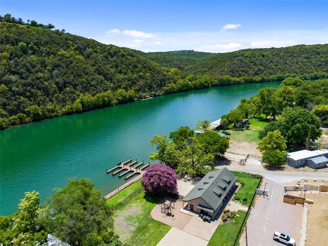 bird's eye view with a water view and a wooded view