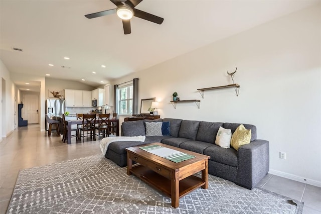 733 Melda St, Leander, TX 78641 - living area featuring vaulted ceiling, a ceiling fan, recessed lighting, and light tile patterned floors