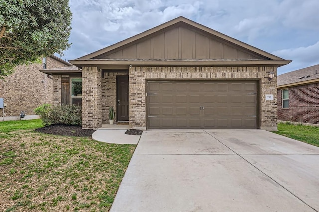 ranch-style house featuring board and batten siding, concrete driveway, and brick siding