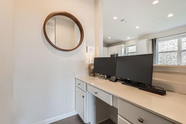 office area featuring recessed lighting, baseboards, and visible vents