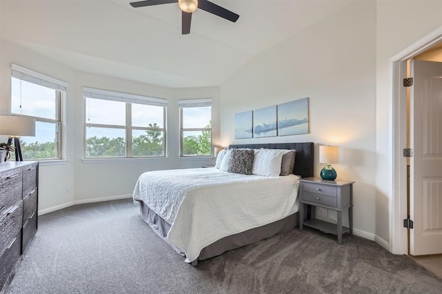 733 Melda St, Leander, TX 78641 - bedroom with dark carpet, lofted ceiling, and ceiling fan