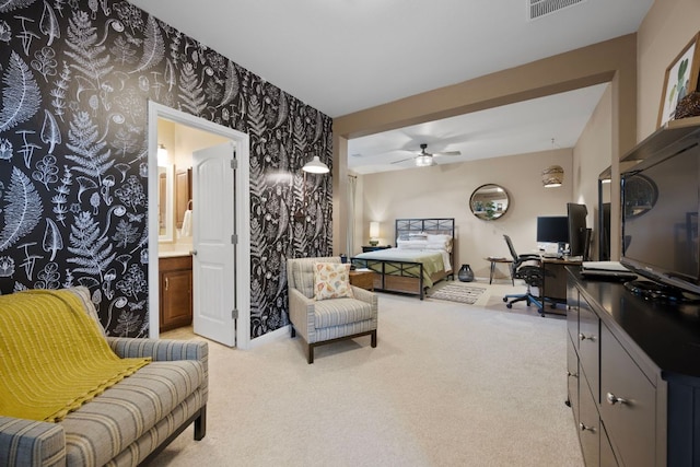 202 Parkwest Dr, Cedar Park, TX 78613 - carpeted bedroom featuring a ceiling fan, wallpapered walls, visible vents, and ensuite bathroom