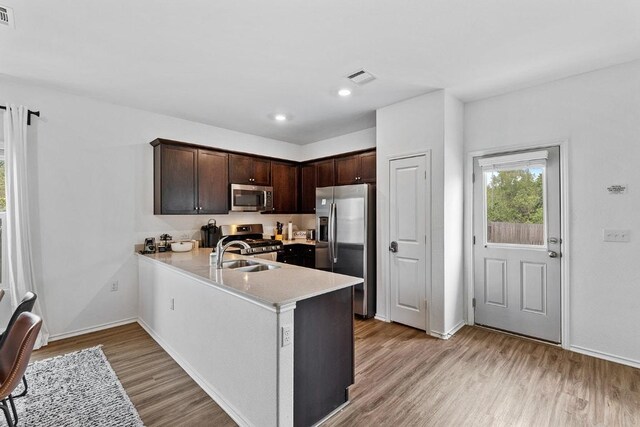 2204 Nightview Dr, Pflugerville, TX 78660 - kitchen with appliances with stainless steel finishes, light countertops, light wood-style flooring, dark brown cabinets, and a peninsula