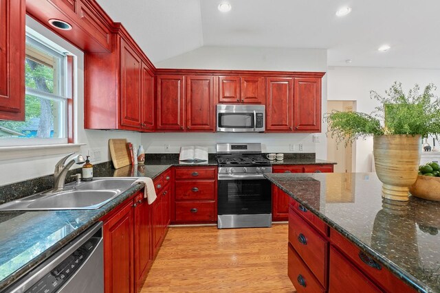 kitchen featuring appliances with stainless steel finishes, a sink, vaulted ceiling, and reddish brown cabinets