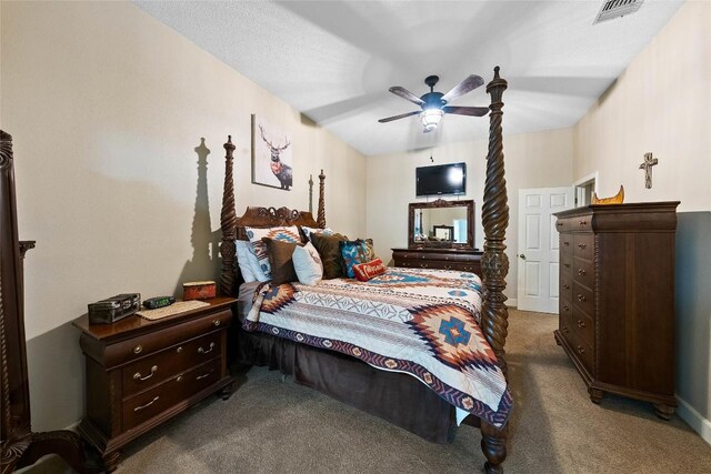 bedroom featuring carpet flooring, a ceiling fan, and visible vents