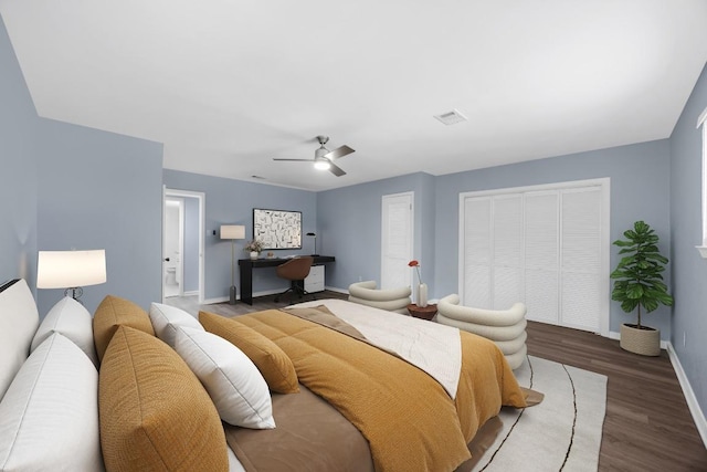 4411 Cumbria Ln, Austin, TX 78727 - bedroom with wood finished floors, a ceiling fan, and a desk