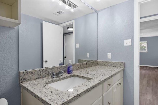 4411 Cumbria Ln, Austin, TX 78727 - bathroom with wood finished floors, vanity, and a textured wall