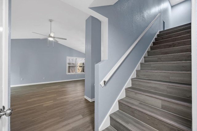 4411 Cumbria Ln, Austin, TX 78727 - staircase featuring ceiling fan, wood finished floors, and lofted ceiling