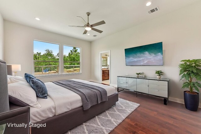 bedroom featuring baseboards, recessed lighting, wood finished floors, and visible vents