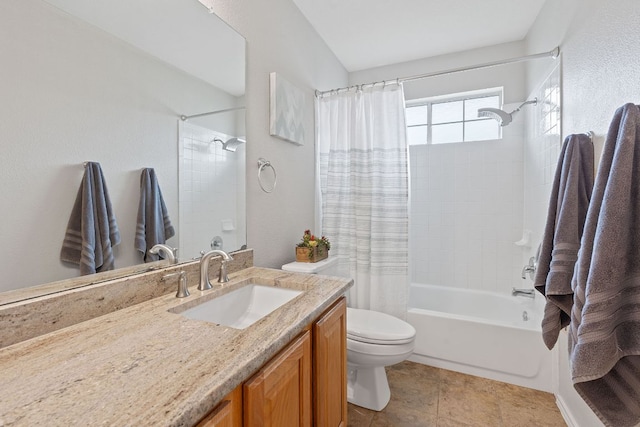 full bathroom with toilet, shower / bathtub combination with curtain, and vanity