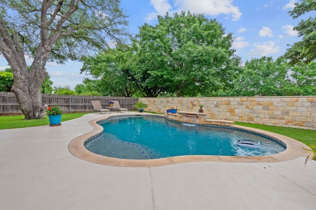 view of swimming pool with a fenced in pool, a fenced backyard, and a patio area