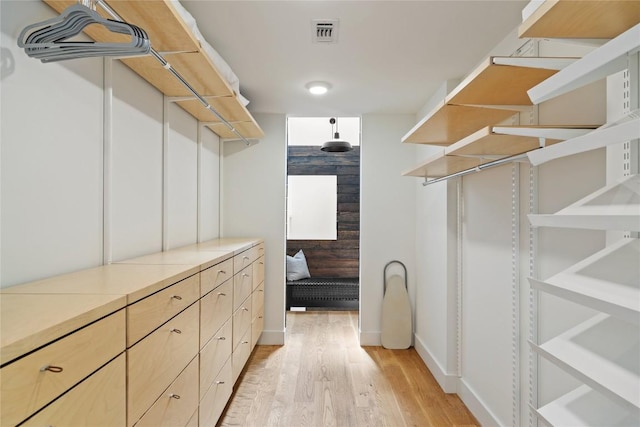 spacious closet featuring visible vents and light wood-style flooring
