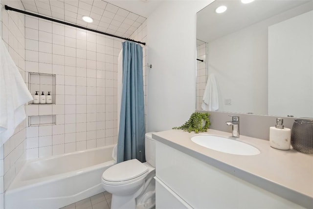 full bath featuring vanity, toilet, shower / bathtub combination with curtain, recessed lighting, and tile patterned floors