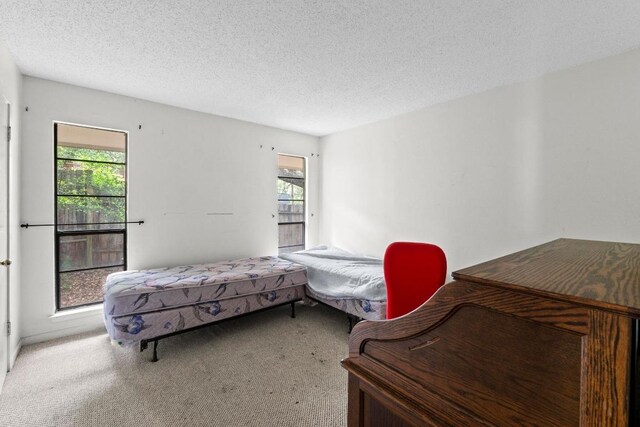 bedroom featuring carpet floors, a textured ceiling, and multiple windows