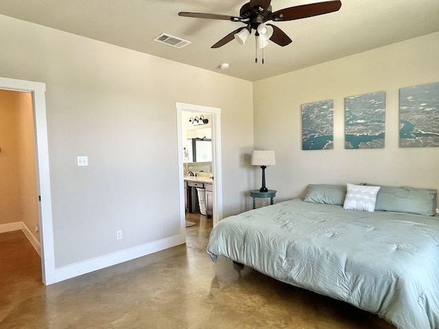 923 Debco Ln, Spicewood, TX 78669 - bedroom with concrete floors, baseboards, ensuite bath, and a ceiling fan