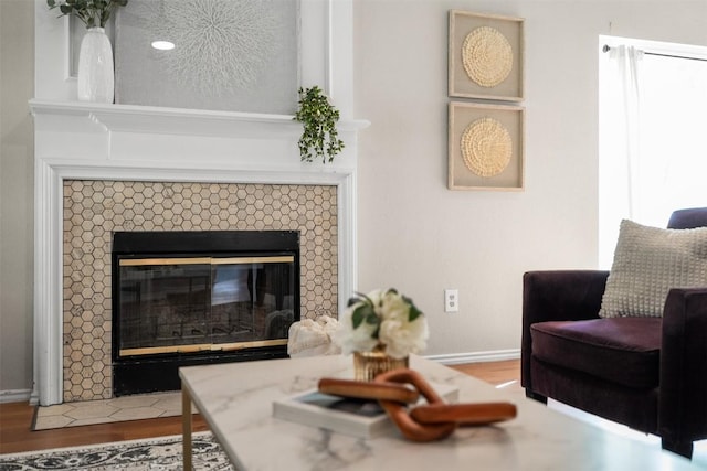 living room with baseboards, wood finished floors, and a fireplace