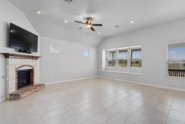unfurnished living room featuring visible vents, a ceiling fan, recessed lighting, and lofted ceiling