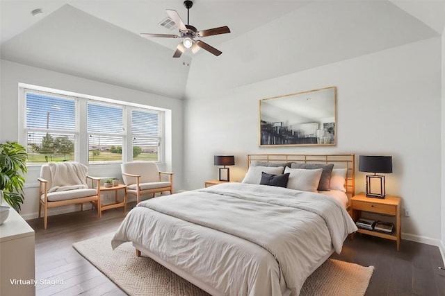 8105 Porto Cv, Round Rock, TX 78665 - bedroom with hardwood / wood-style flooring, lofted ceiling, and ceiling fan