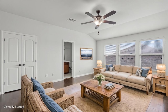 8105 Porto Cv, Round Rock, TX 78665 - living room with wood finished floors, a ceiling fan, and vaulted ceiling