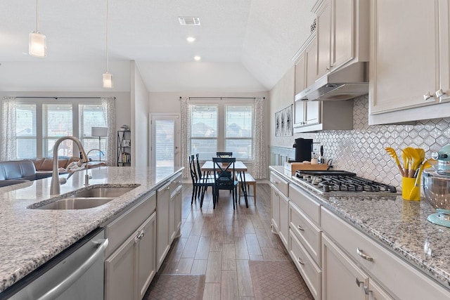 kitchen featuring a sink, appliances with stainless steel finishes, a wealth of natural light, and vaulted ceiling