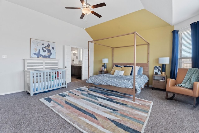 bedroom with vaulted ceiling, baseboards, ceiling fan, and carpet flooring