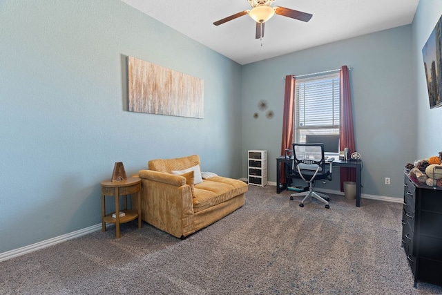 carpeted office with baseboards and ceiling fan