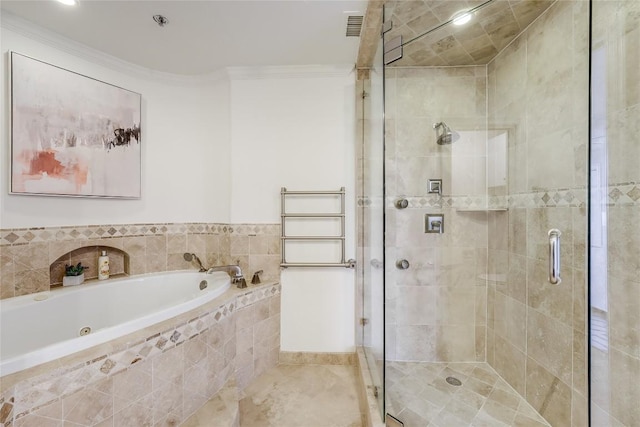 40 N Interstate 35 Unit 10B1, Austin, TX 78701 - full bathroom featuring a jetted tub, a stall shower, and ornamental molding