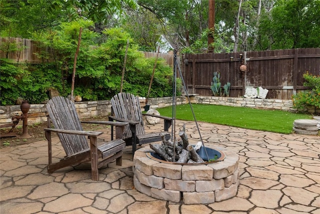 view of patio / terrace featuring a fire pit and a fenced backyard