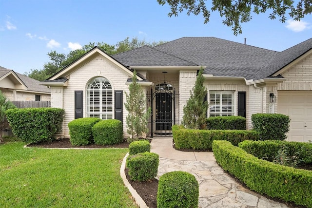 single story home with brick siding, fence, a front lawn, an attached garage, and a shingled roof