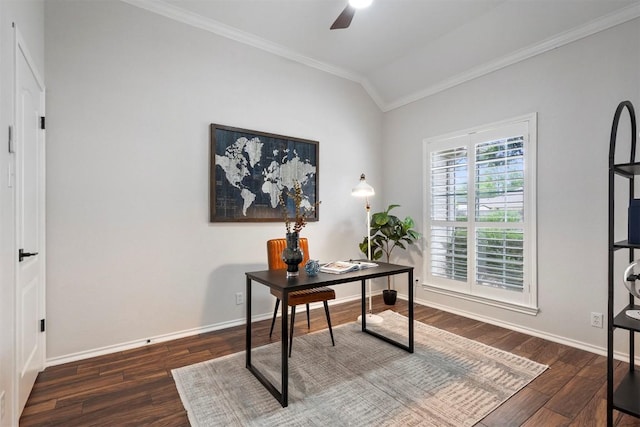 office featuring crown molding, ceiling fan, wood finished floors, and vaulted ceiling