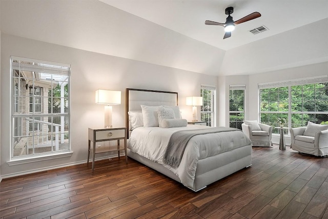bedroom with visible vents, dark wood-style flooring, ceiling fan, and baseboards