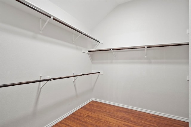walk in closet with vaulted ceiling and wood finished floors