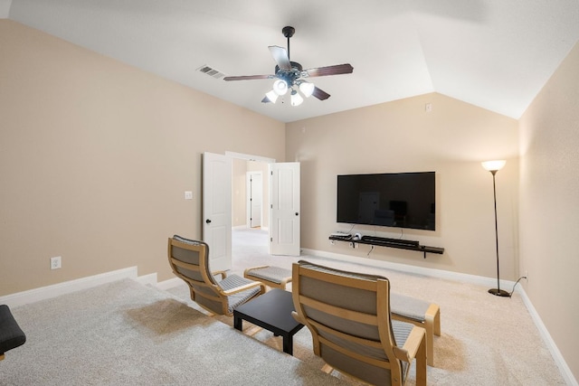 carpeted living area featuring vaulted ceiling, baseboards, a ceiling fan, and visible vents
