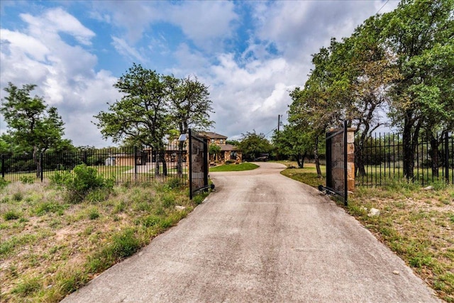 view of road featuring concrete driveway and a gated entry