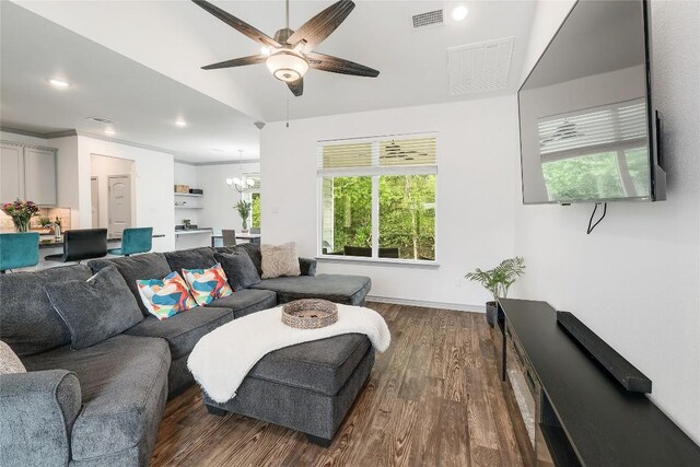 4118 Cripple Creek Dr, Temple, TX 76502 - living area featuring dark wood finished floors, ceiling fan, a chandelier, recessed lighting, and lofted ceiling