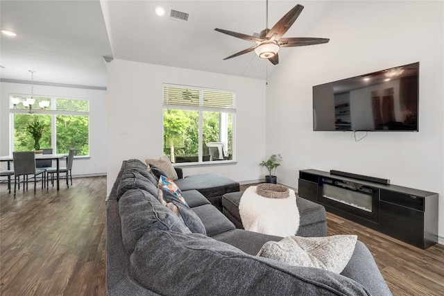 4118 Cripple Creek Dr, Temple, TX 76502 - living room with a chandelier, wood finished floors, a ceiling fan, recessed lighting, and baseboards