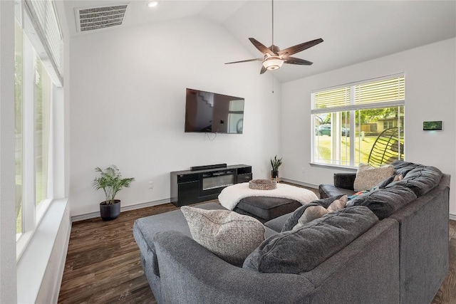4118 Cripple Creek Dr, Temple, TX 76502 - living area featuring ceiling fan, wood finished floors, baseboards, and high vaulted ceiling